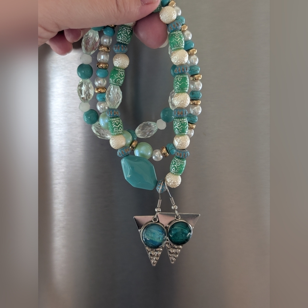 Turquoise and Gold Boho Style Beaded Bracelet Set With Matching Earrings